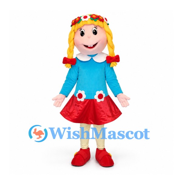 Flower Girl Mascot Costume with Blond Braids and Red Skirt