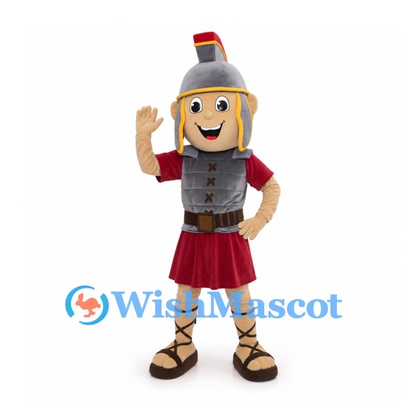 Roman Soldier Mascot Costume with Gray Armor and Red Tunic