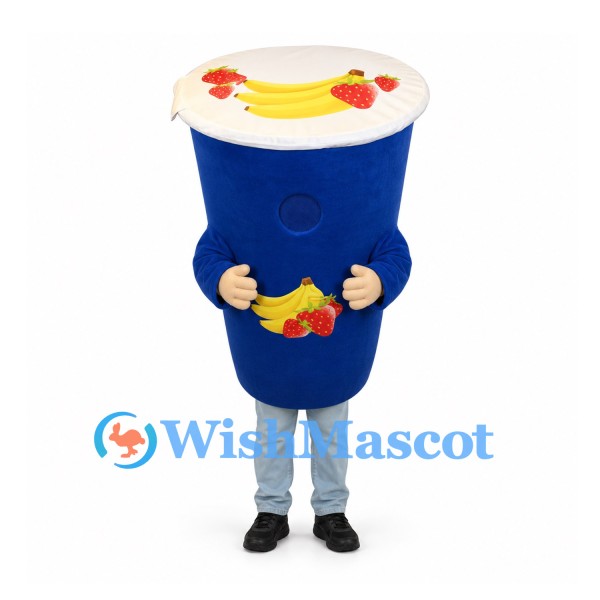 Yogurt Cup Mascot Costume in Blue with Fruit Topping
