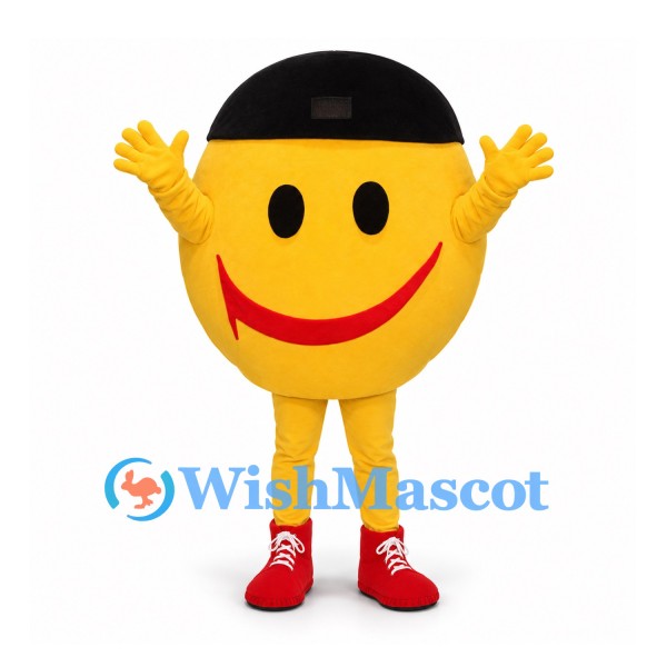 Smiley Face Mascot Costume in Yellow with Black Cap
