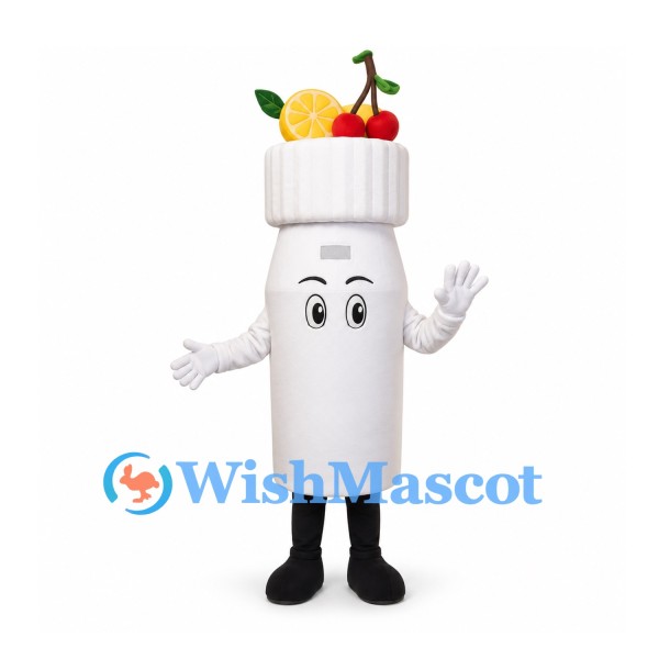 Smoothie Bottle Mascot Costume in White with Fruit Topping