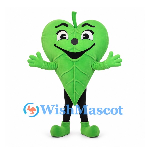 Leaf Mascot Costume in Green with Smiling Face