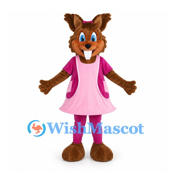Squirrel Mascot Costume with Pink Dress and Purple Bow