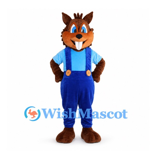 Squirrel Mascot Costume with Blue Overalls and Striped Shirt
