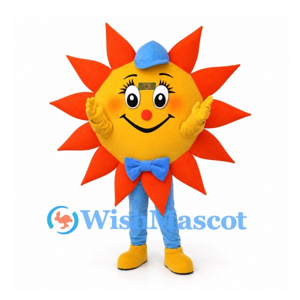 Sun Mascot Costume with Blue Bow Tie and Cap
