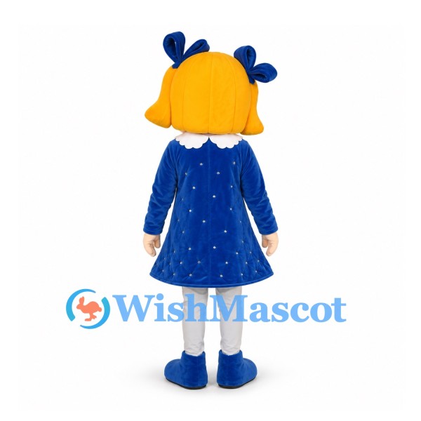 Girl Mascot Costume with Blue Bow and Sparkling Dress