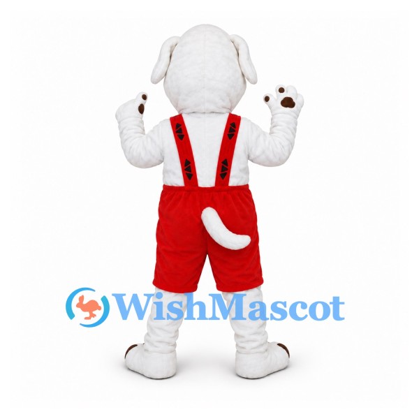 Dog Mascot Costume in White with Red Overalls