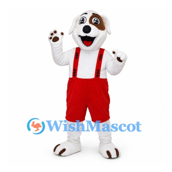 Dog Mascot Costume in White with Red Overalls