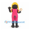 Cat Mascot Costume with Blond Braids and Pink Overalls