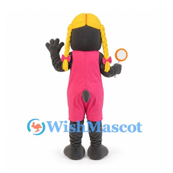Cat Mascot Costume with Blond Braids and Pink Overalls