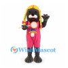 Cat Mascot Costume with Blond Braids and Pink Overalls