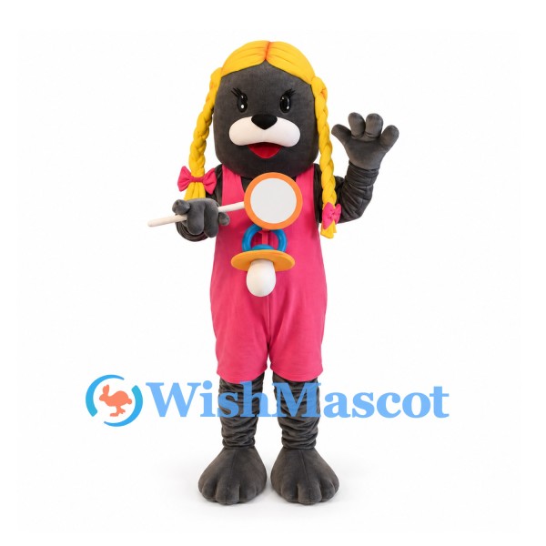 Cat Mascot Costume with Blond Braids and Pink Overalls