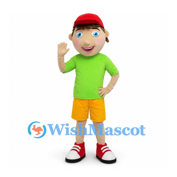 Boy Mascot Costume with Red Cap and Green Shirt