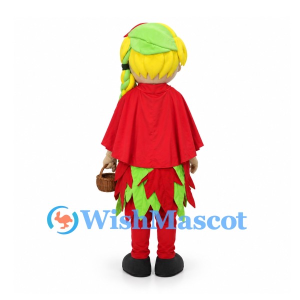 Woodland Elf Mascot Costume with Red Cape and Leaf Skirt