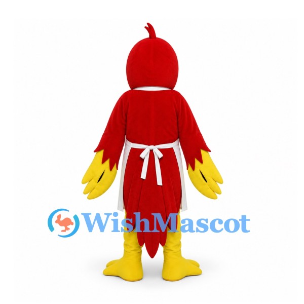 Parrot Mascot Costume in Red and Yellow with Floral Apron