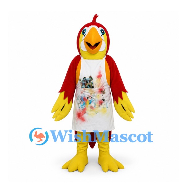 Parrot Mascot Costume in Red and Yellow with Floral Apron