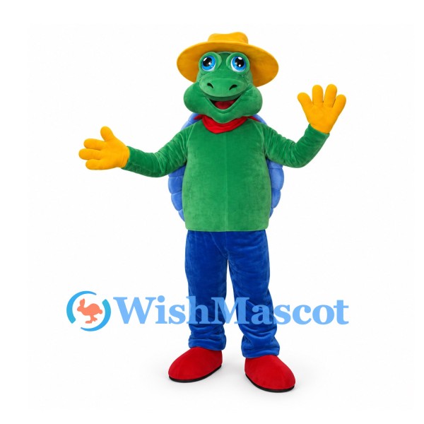 Turtle Mascot Costume with Yellow Hat and Blue Pants