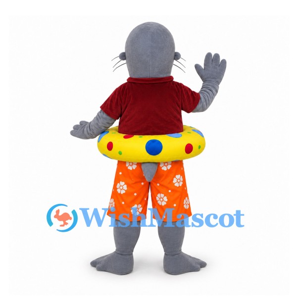 Seal Mascot Costume with Swim Ring and Orange Shorts