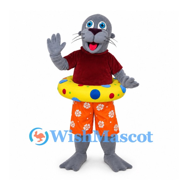 Seal Mascot Costume with Swim Ring and Orange Shorts