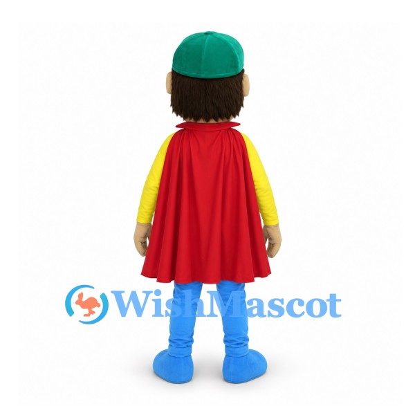 Superhero Boy Mascot Costume with Red Cape and Green Cap