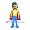 Superhero Boy Mascot Costume with Red Cape and Green Cap