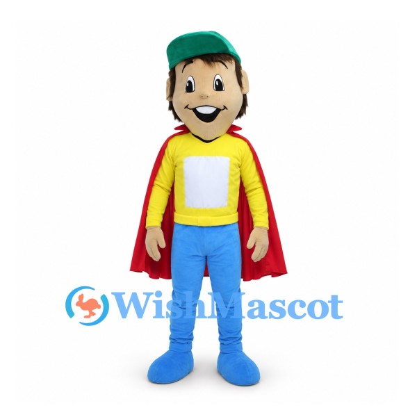 Superhero Boy Mascot Costume with Red Cape and Green Cap