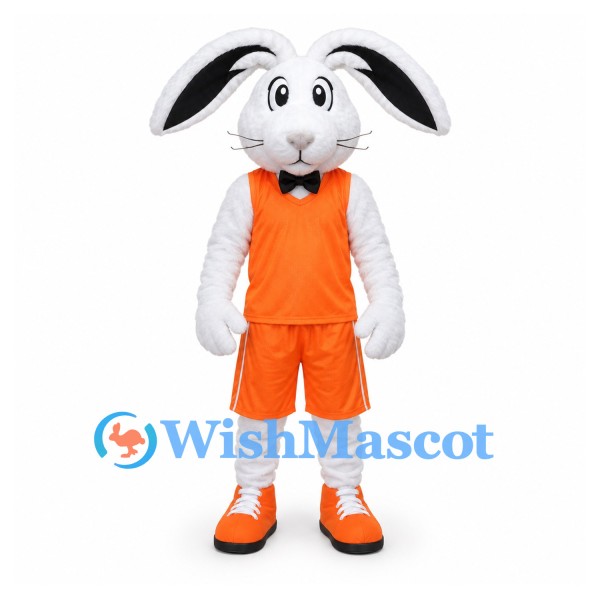 Rabbit Mascot Costume in White with Orange Sports Outfit