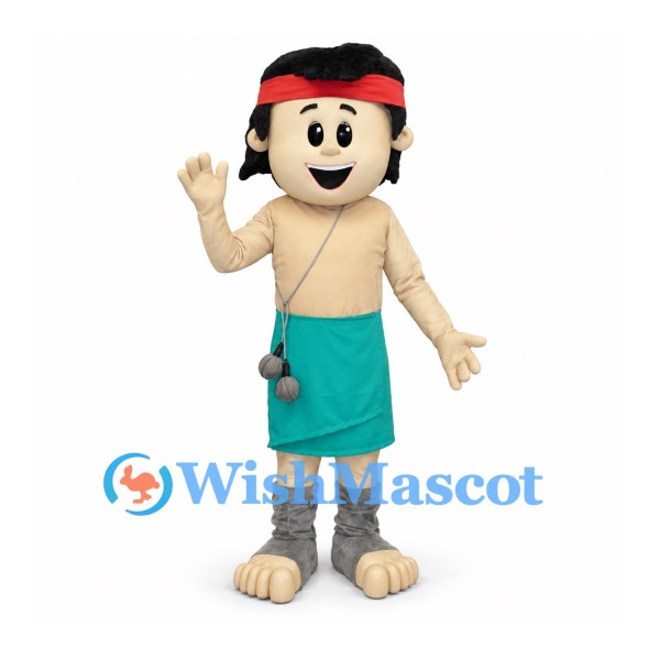 Jungle Boy Mascot Costume with Red Headband and Green Wrap