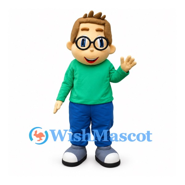 Boy Mascot Costume with Round Glasses and Green Sweater
