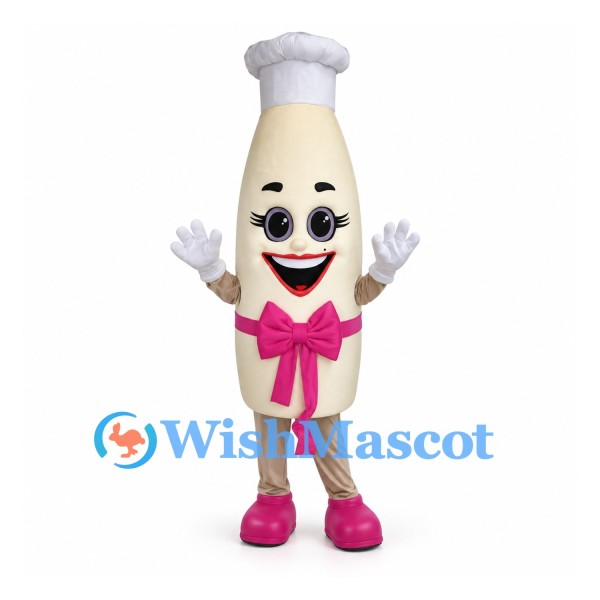 Milk Bottle Mascot Costume with Pink Bow and Chef Hat