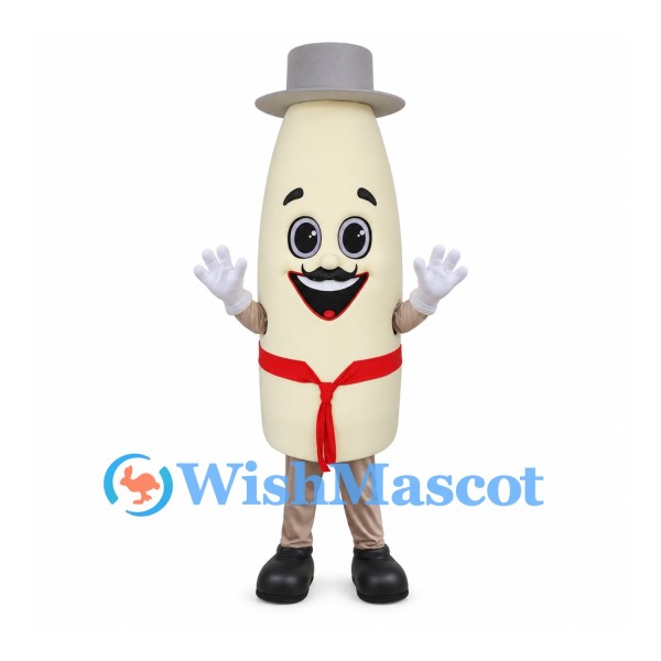 Milk Bottle Mascot Costume with Gray Hat and Red Scarf