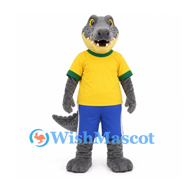 Crocodile Mascot Costume with Yellow Jersey and Blue Shorts