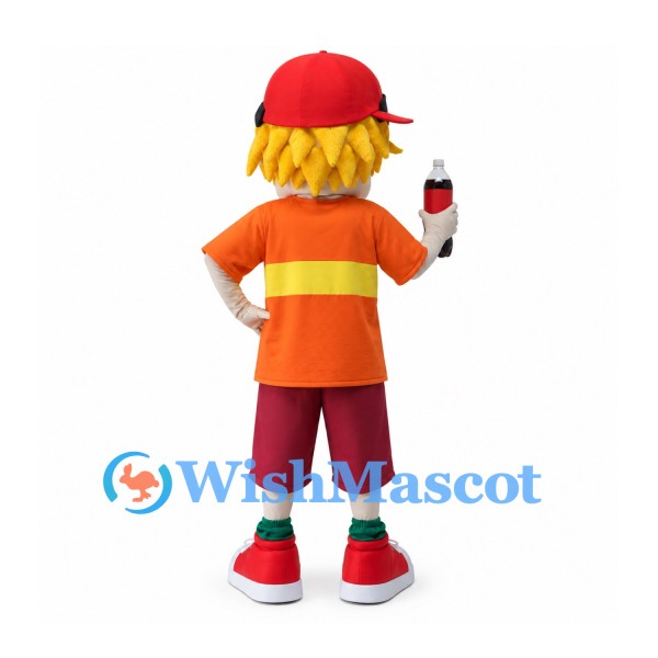 Boy Mascot Costume with Red Cap and Orange Striped Shirt
