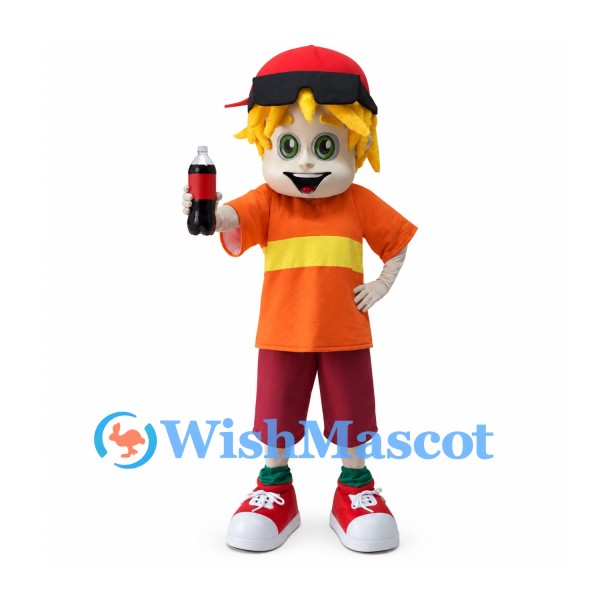 Boy Mascot Costume with Red Cap and Orange Striped Shirt