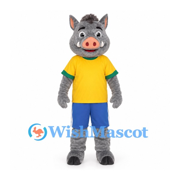 Wild Boar Mascot Costume with Yellow Shirt and Blue Shorts