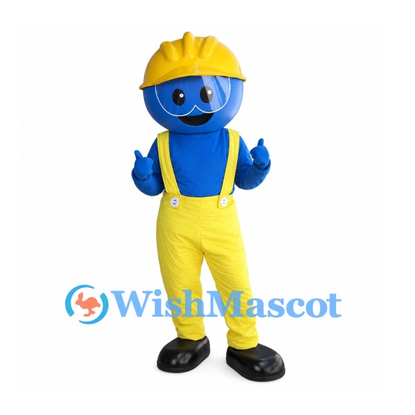 Construction Mascot Costume in Blue with Yellow Overalls