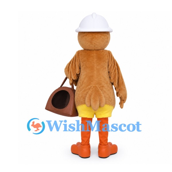 Bird Mascot Costume in Brown with White Hat and Satchel