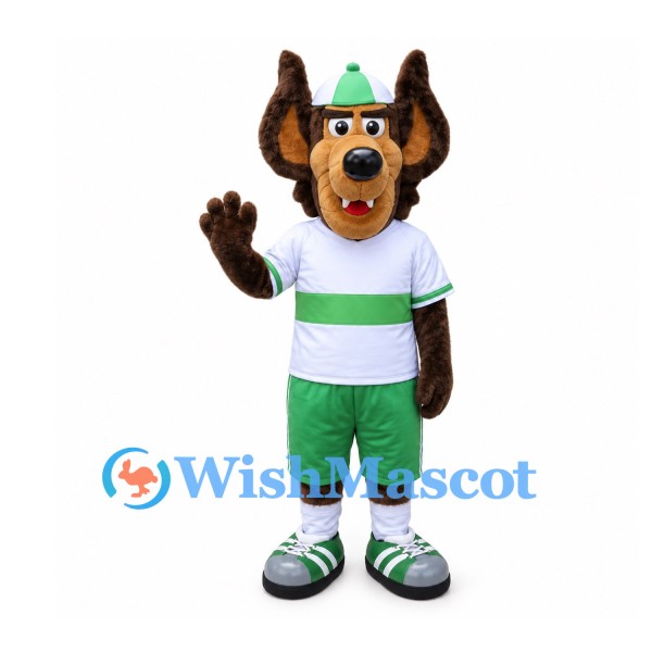 Dog Mascot Costume with Green Cap and Striped Sports Shirt