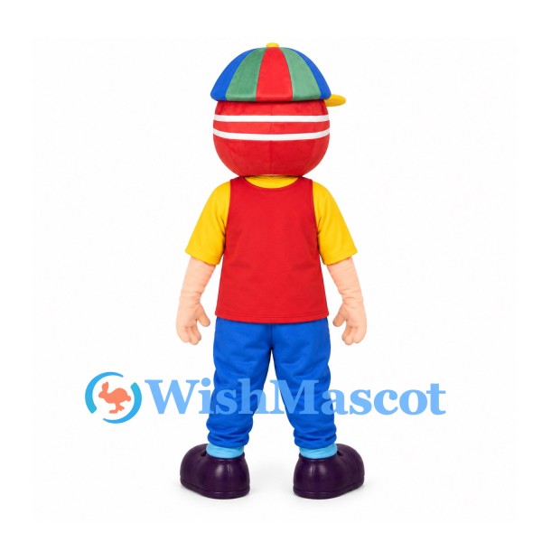 Robot Mascot Costume with Red Helmet and Multicolor Cap