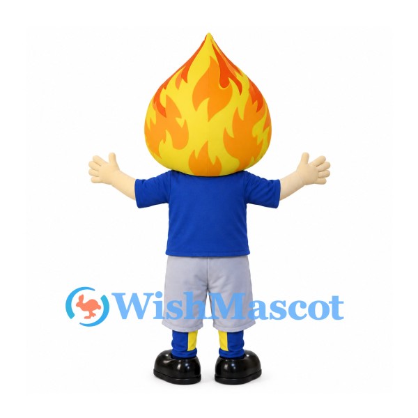 Flame Mascot Costume with Blue Shirt and Gray Shorts