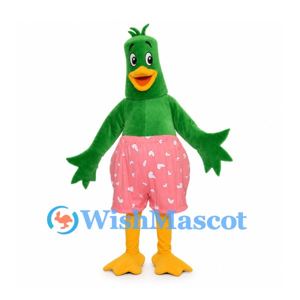Bird Mascot Costume in Green with Pink Heart Shorts