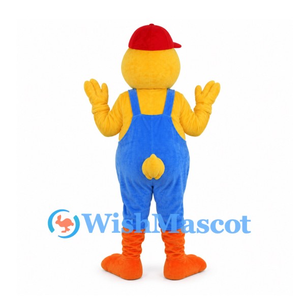 Duck Mascot Costume with Red Cap and Blue Overalls