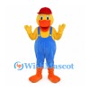 Duck Mascot Costume with Red Cap and Blue Overalls