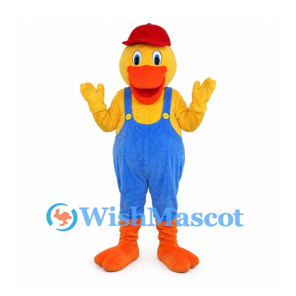Duck Mascot Costume with Red Cap and Blue Overalls