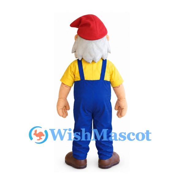 Grandfather Mascot Costume with Red Cap and Blue Overalls