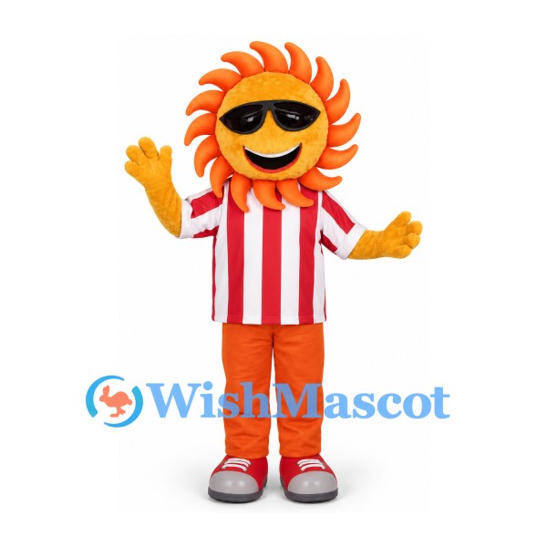 Sun Mascot Costume with Sunglasses and Red Striped Shirt
