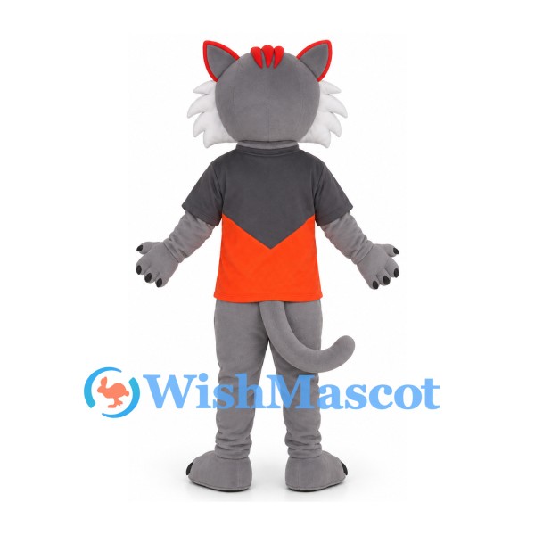 Cat Mascot Costume in Gray with Black and Orange Shirt