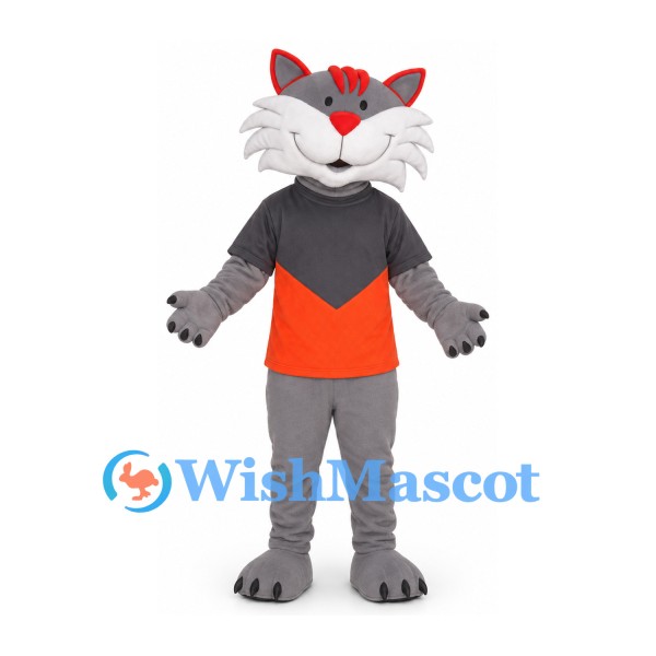 Cat Mascot Costume in Gray with Black and Orange Shirt