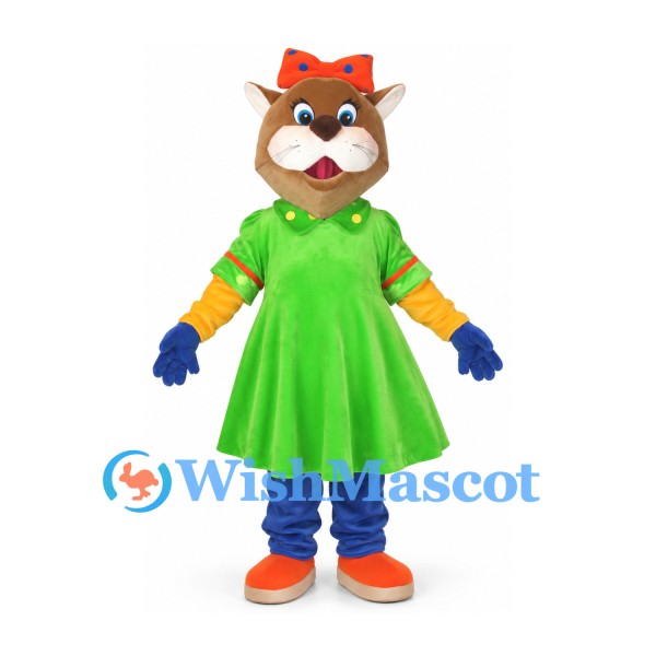 Cat Mascot Costume with Green Dress and Orange Bow