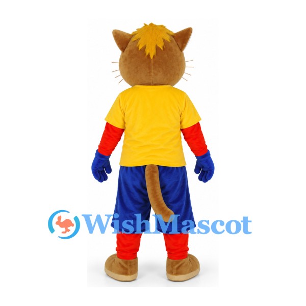 Cat Mascot Costume with Yellow Shirt and Blue Bow Tie